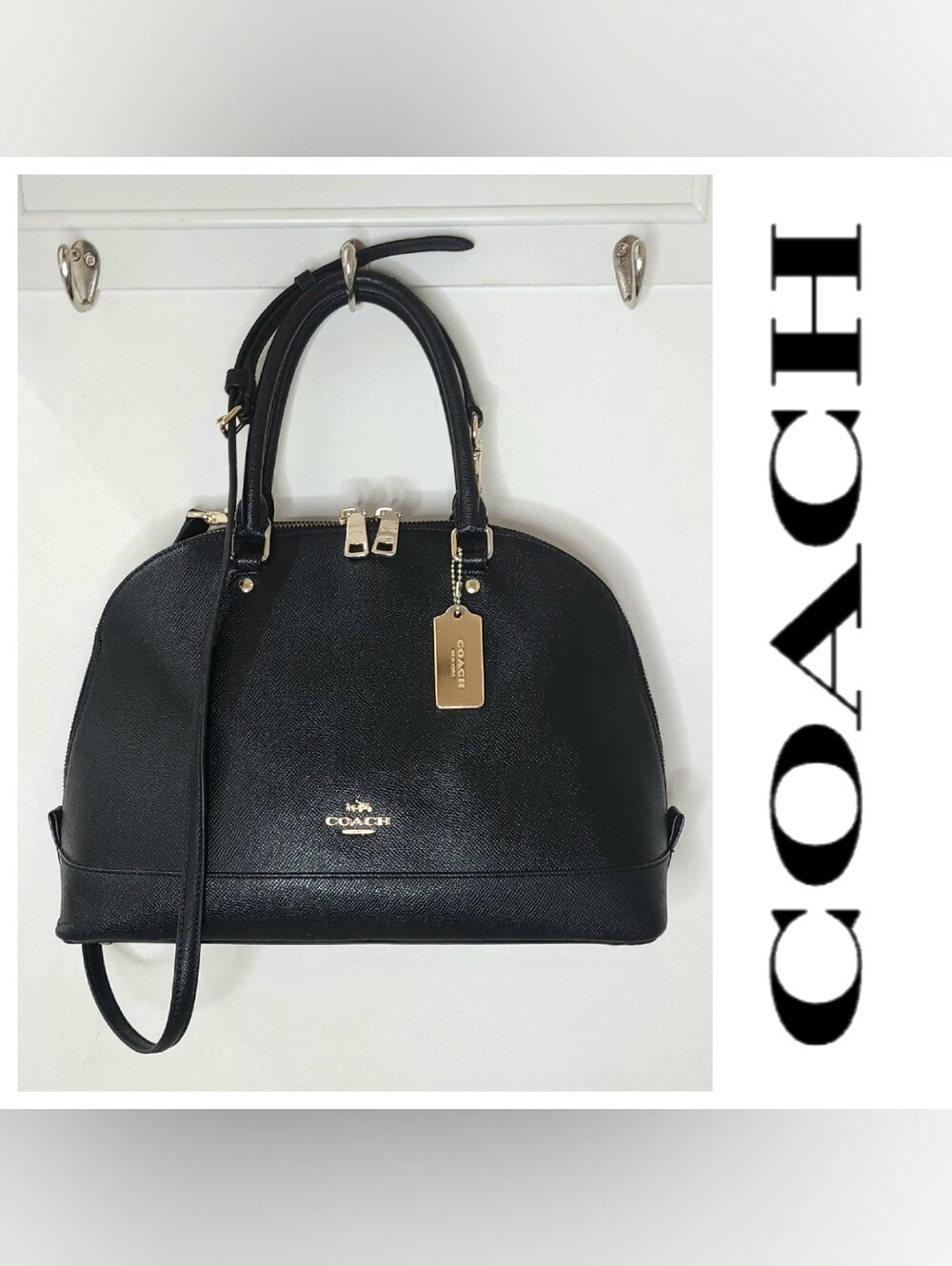 COACH F57524 Black Crossgrain Leather Sierra Satchel Dome Bag Gold Metal Charm